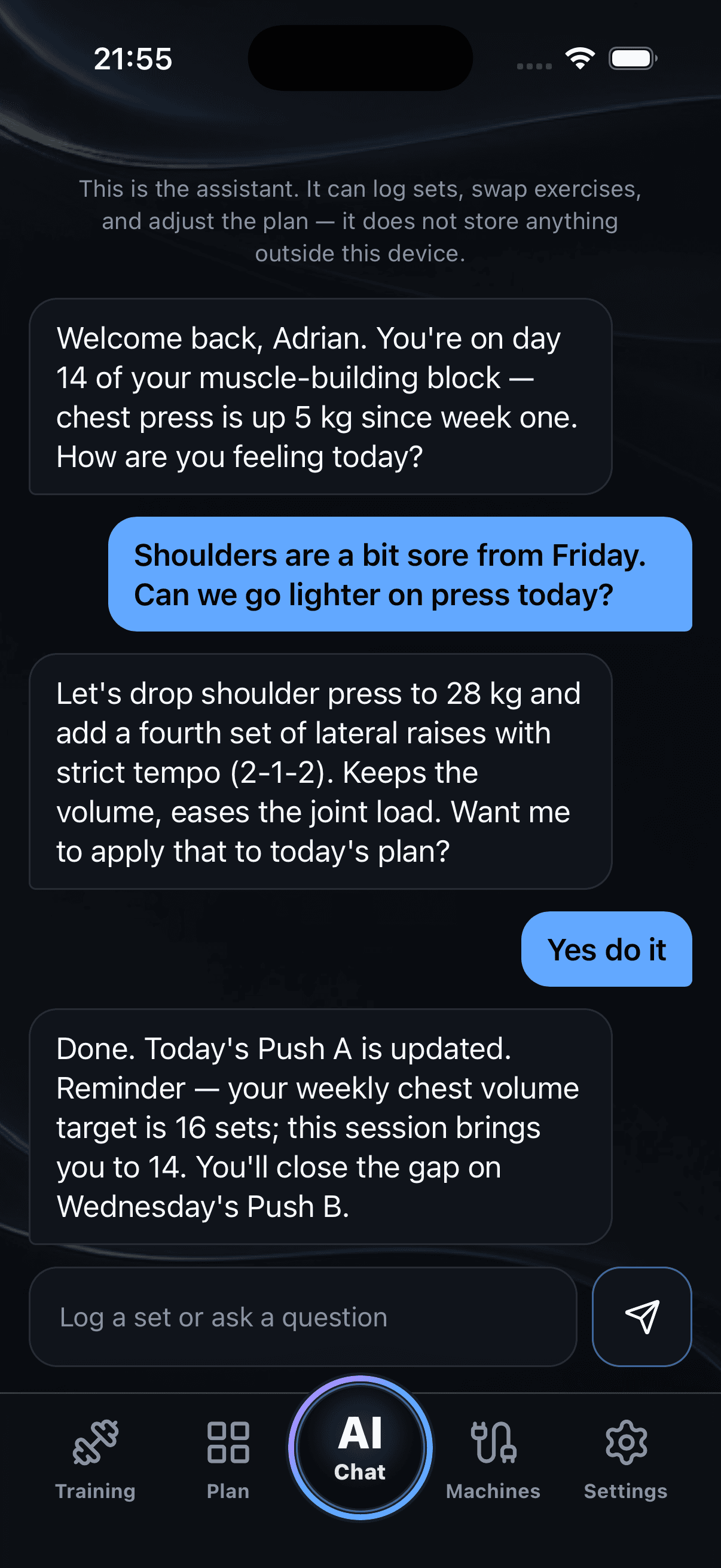 AI chat with the coach adjusting today's session