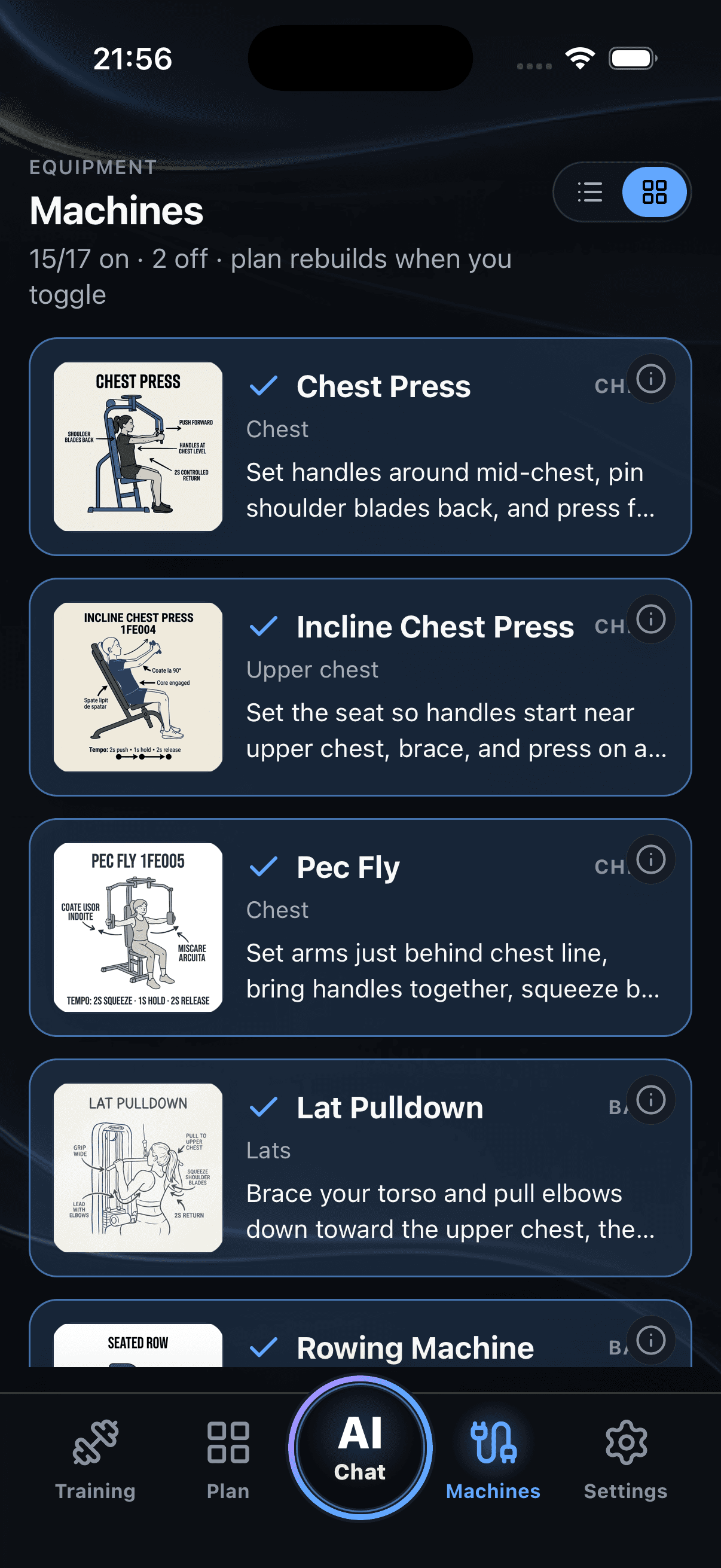 Machines library showing Chest Press, Pec Fly, Lat Pulldown