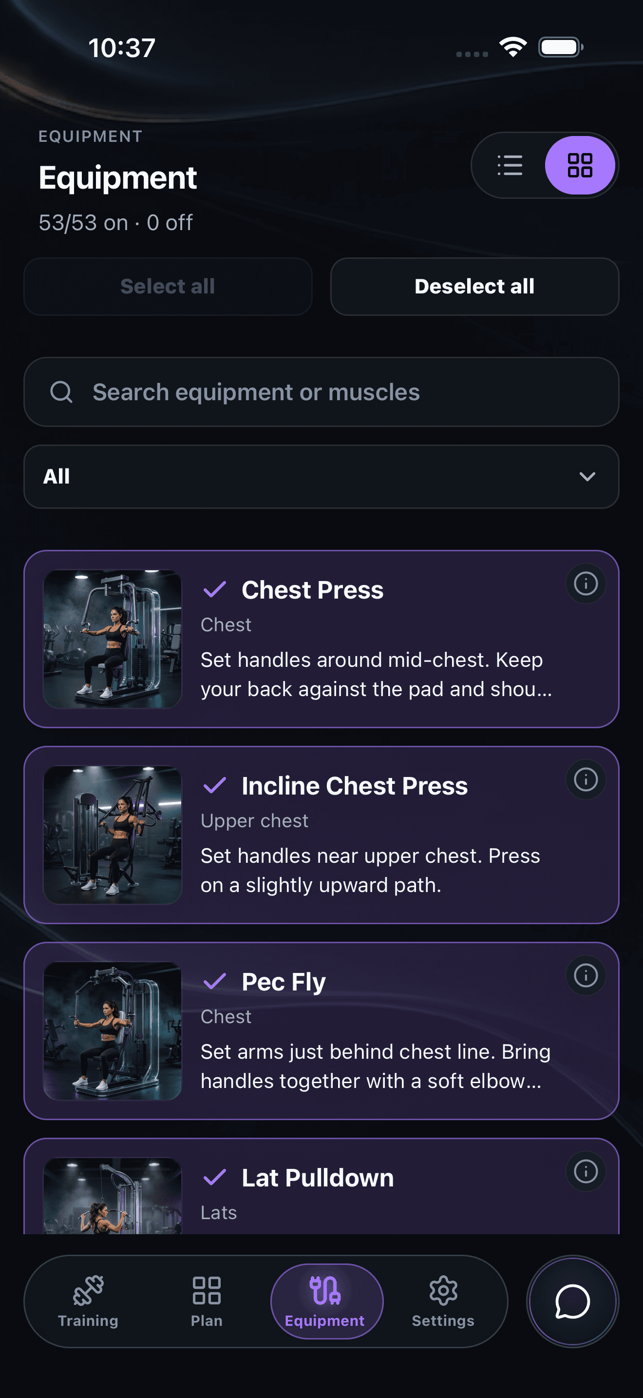 Machines library showing Chest Press, Pec Fly, Lat Pulldown