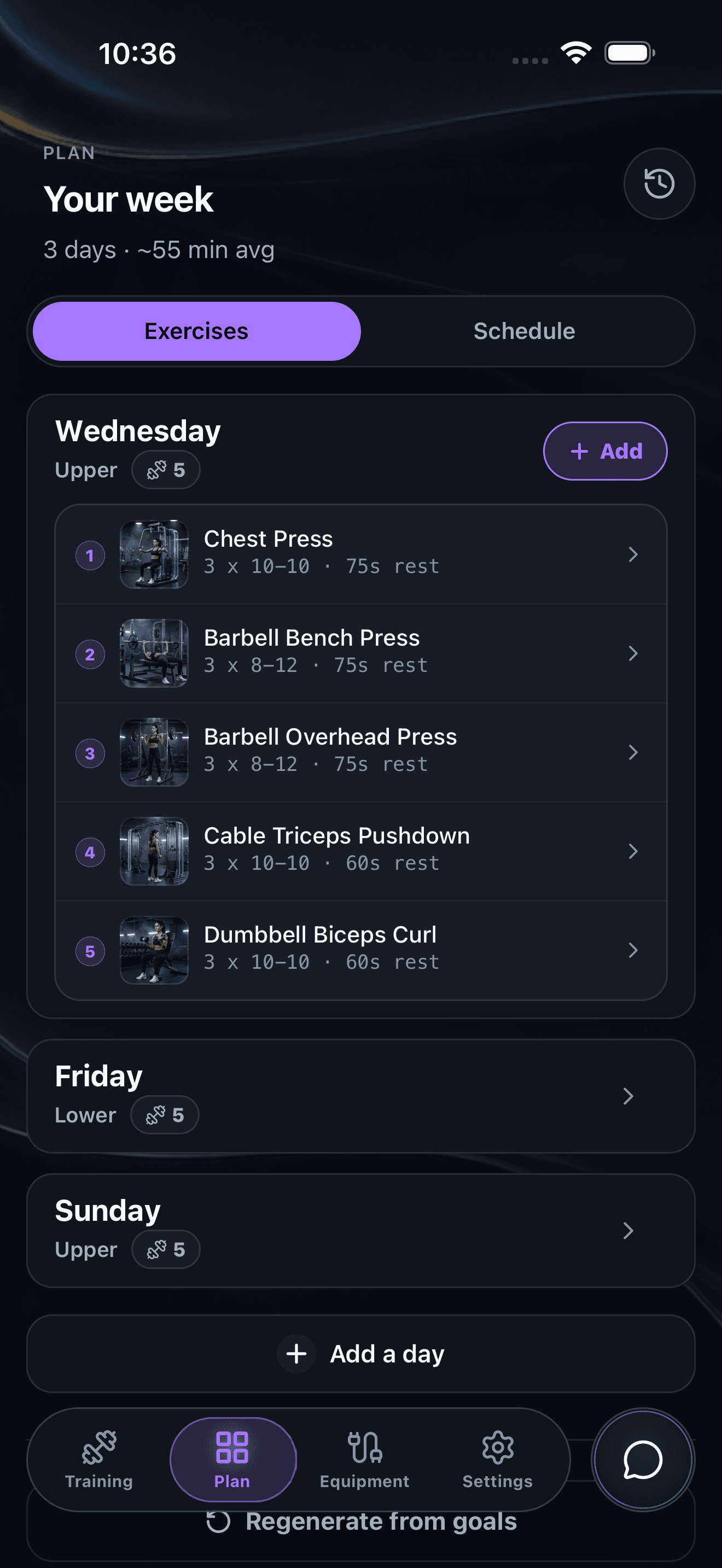Weekly plan view with five training days