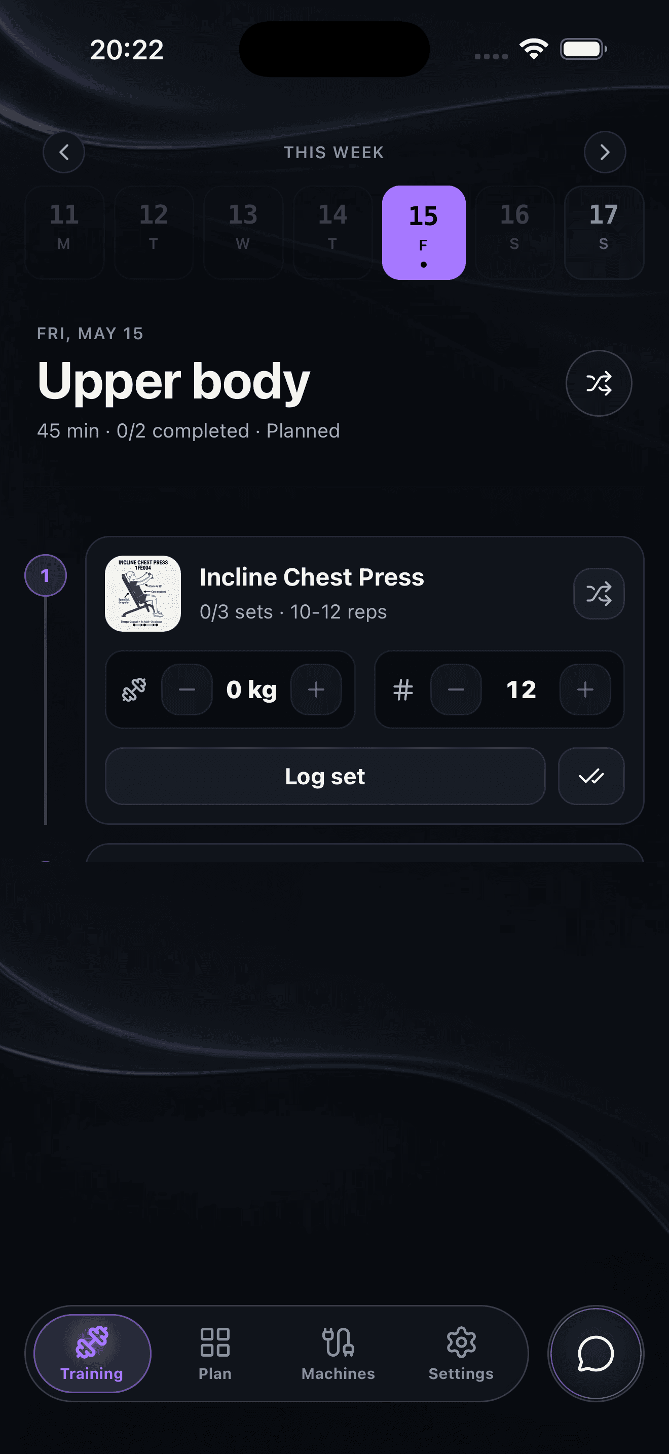 Pantalla principal de GymTime AI — entrenamiento Push A con series registradas