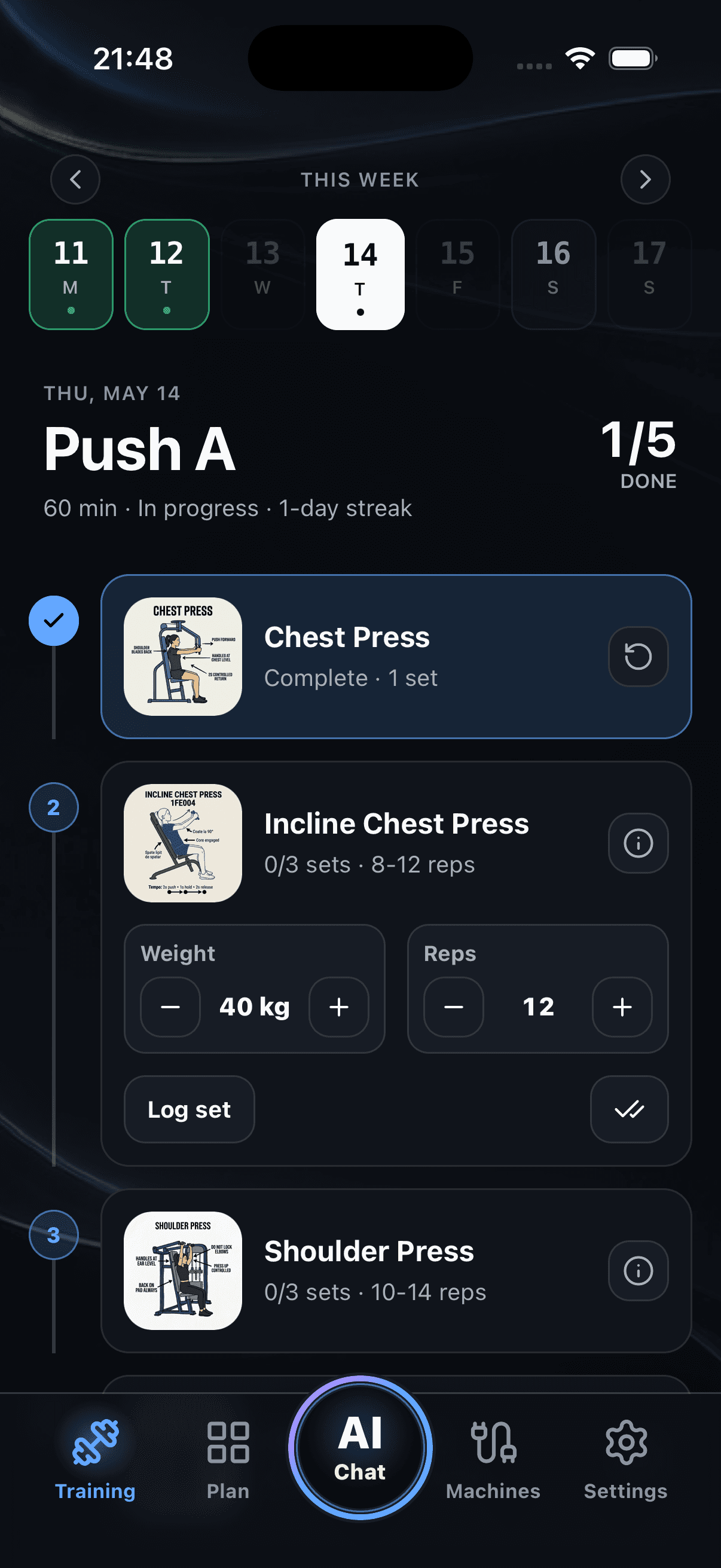 GymTime AI today screen — Push A workout with logged sets