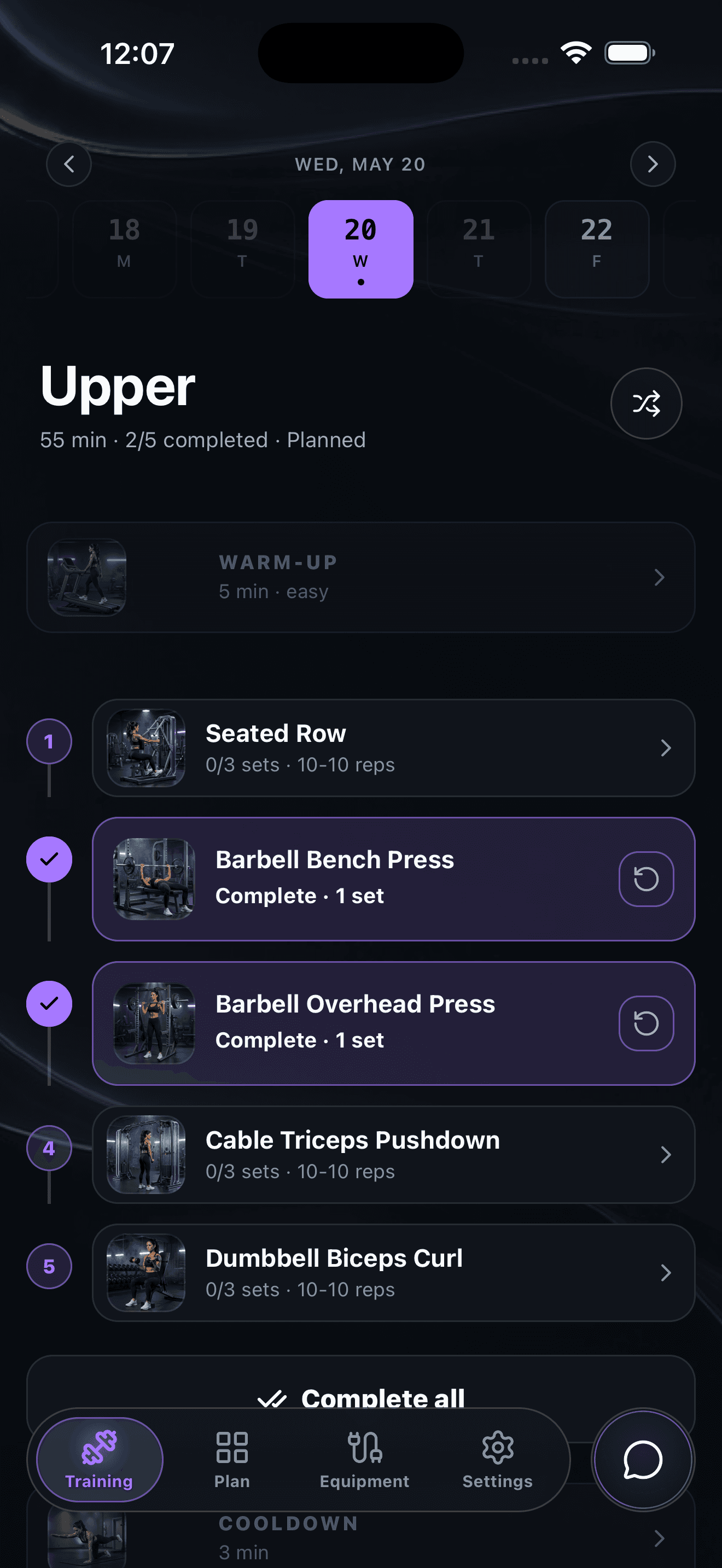 GymTime AI today screen showing a Push A workout with logged sets